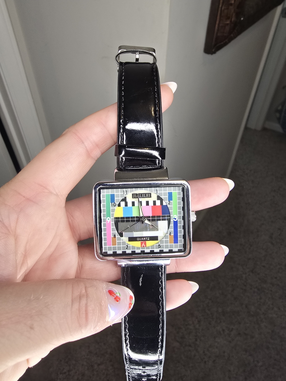 Black Patent Leather Watch with Color Test Pattern Dial - Made In Japan